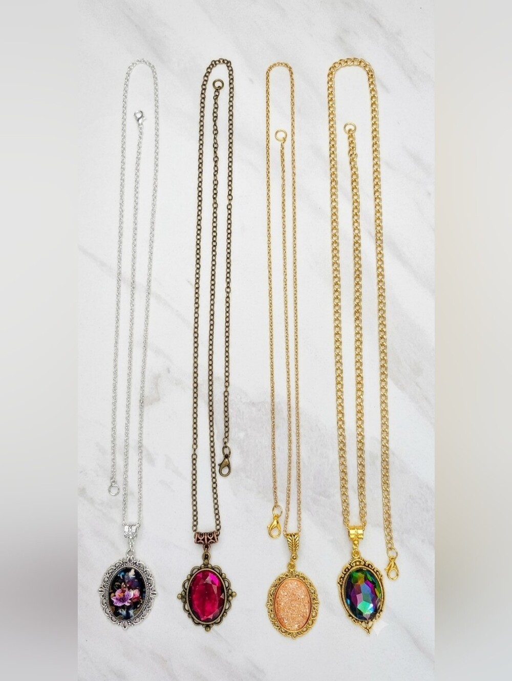 Set of 4 Long Pendant Necklaces 28" Oval Crystal Floral Vintage Style Lot New